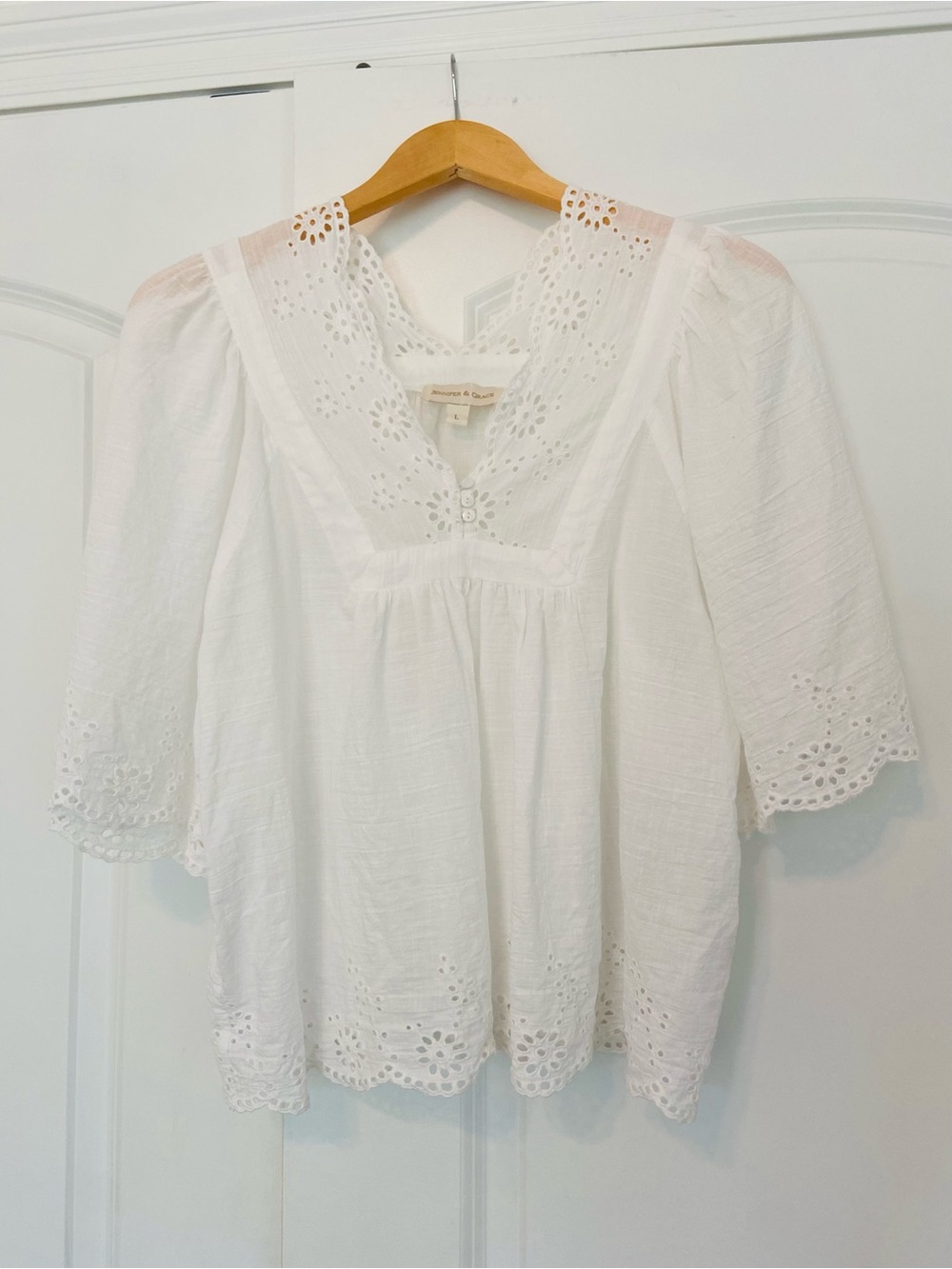 Jennifer & Grace White Eyelet Top L Cottagecore Boho Fairycore 100% Cotton